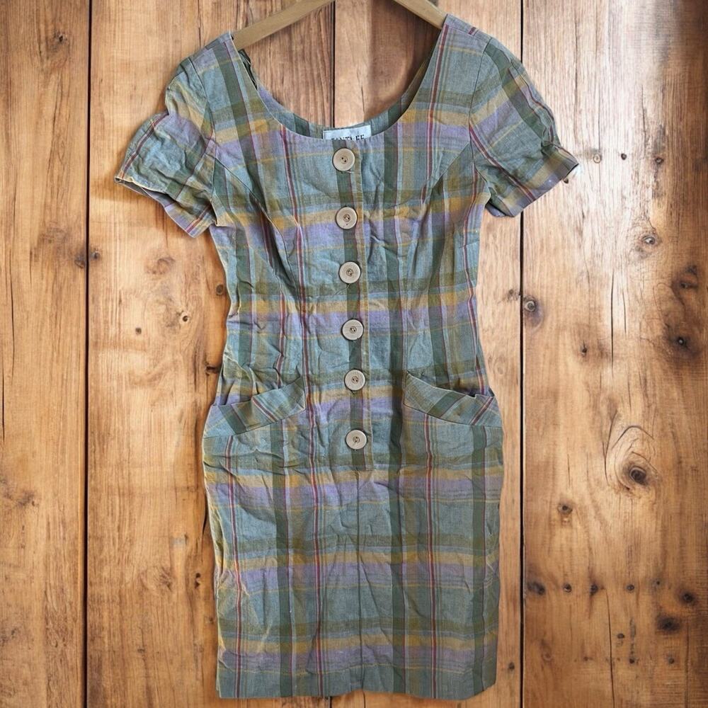 Santa Fe Dress Women‎ Size 6 Plaid Shoulder pads Buttons Capsule Pleated Vtg